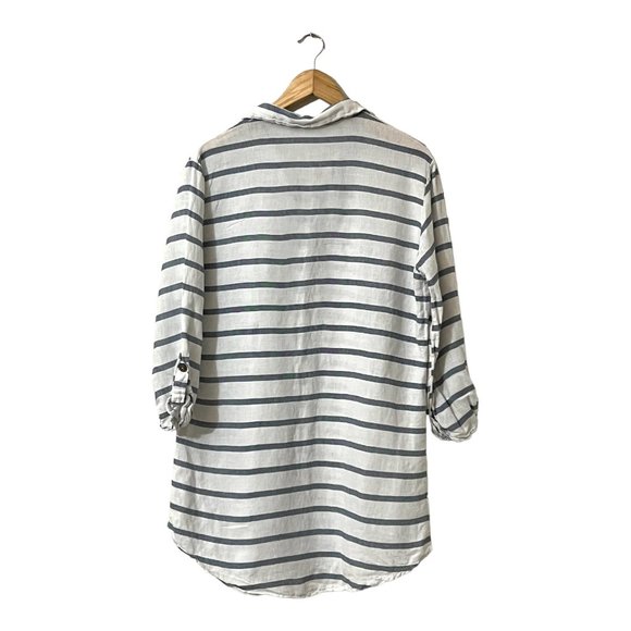 Viola Borghi Women's Shirt Dress Striped Linen Roll Tab Sleeve Size L Italy - Picture 2 of 10